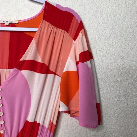 ABEL THE LABEL Ruffled Hem Flutter Sleeve Midi Dress Bright Abstract Geometric - Picture 4 of 13